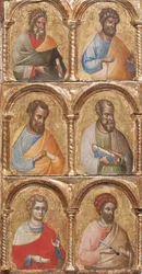 Detail van Madonna en Kind met Engelen, de Kruisiging, en Twaalf Apostelen of Heiligen